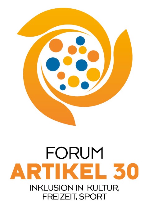 Logo des Forum Artikel 30: Bunte, verschieden große Punkte in einem orangefarbenen Strudel. 